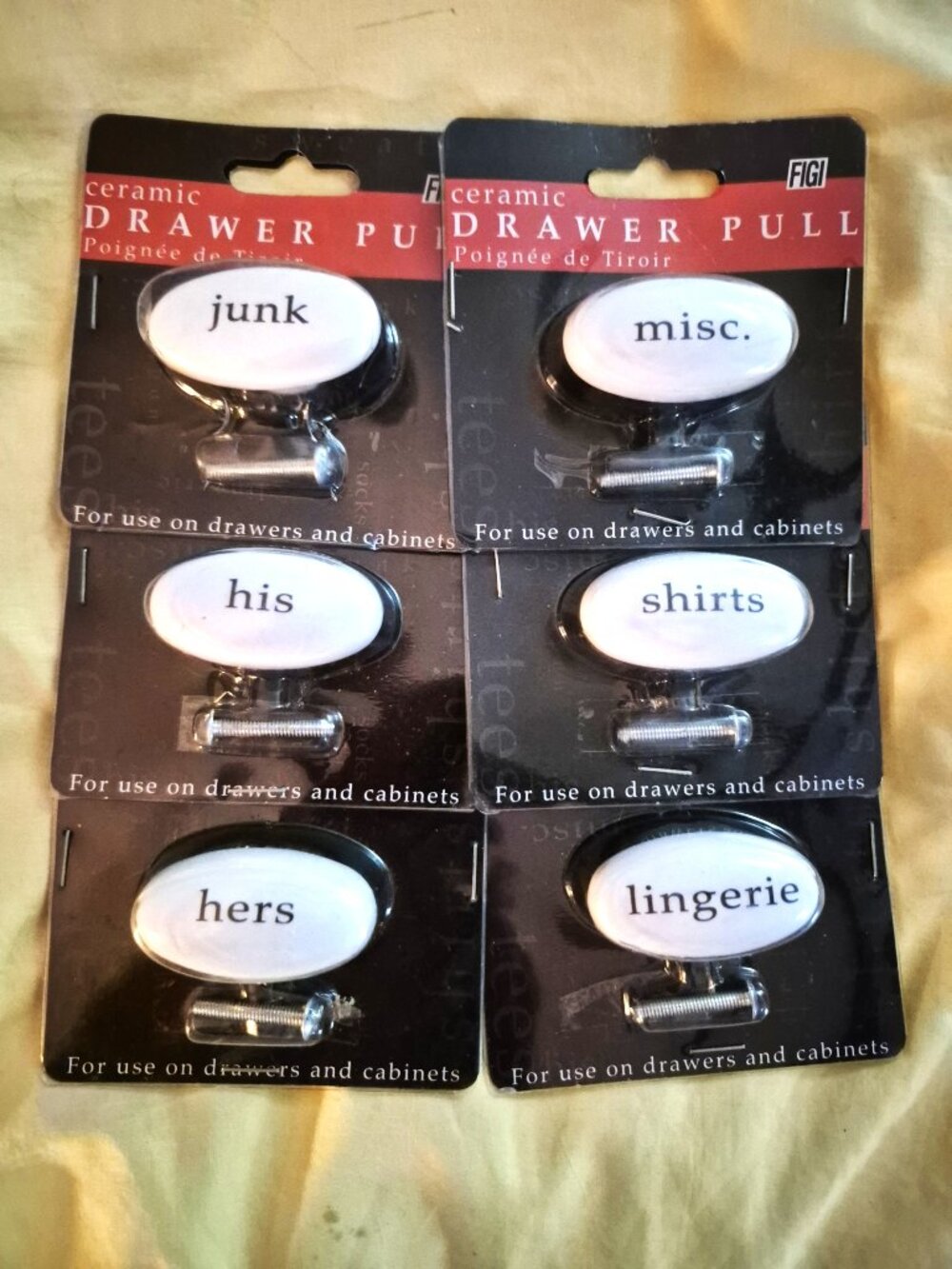 Ceramic ,Labeled drawer pulls. white w black lettering.